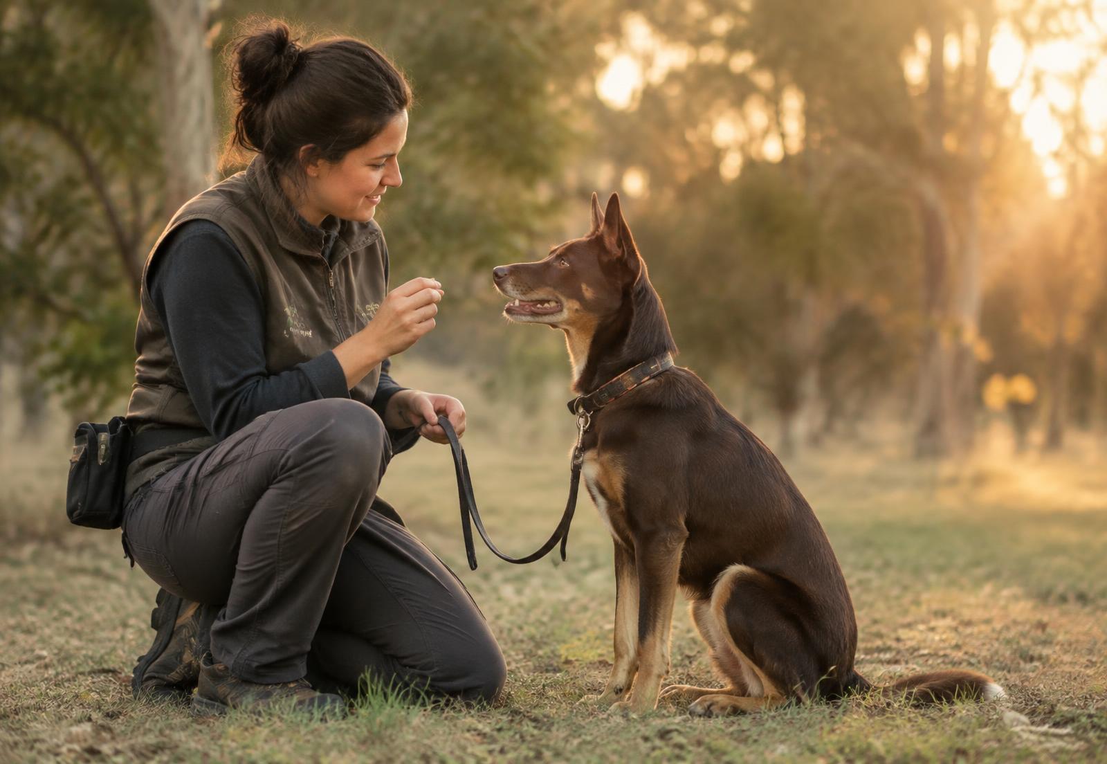A dog professional working calmly with a kelpie
