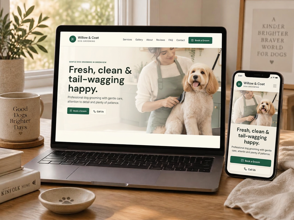 The Willow & Coat dog grooming demo shown on a laptop and phone
